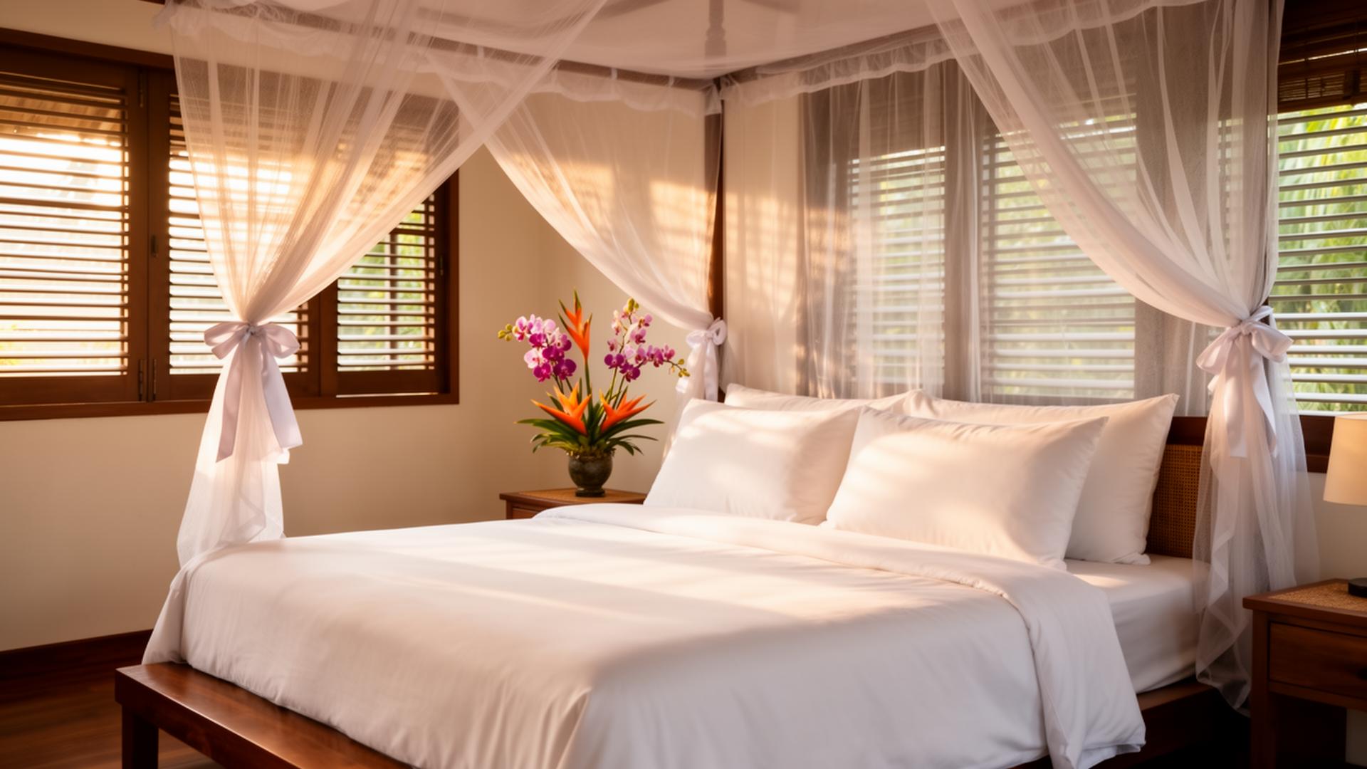 Immaculately turned-over luxury Phuket villa bedroom with fresh white linens and tropical orchids