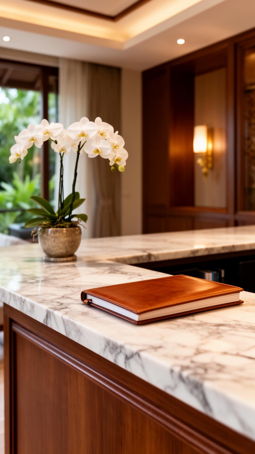 Luxury villa concierge desk with orchids and leather guest book