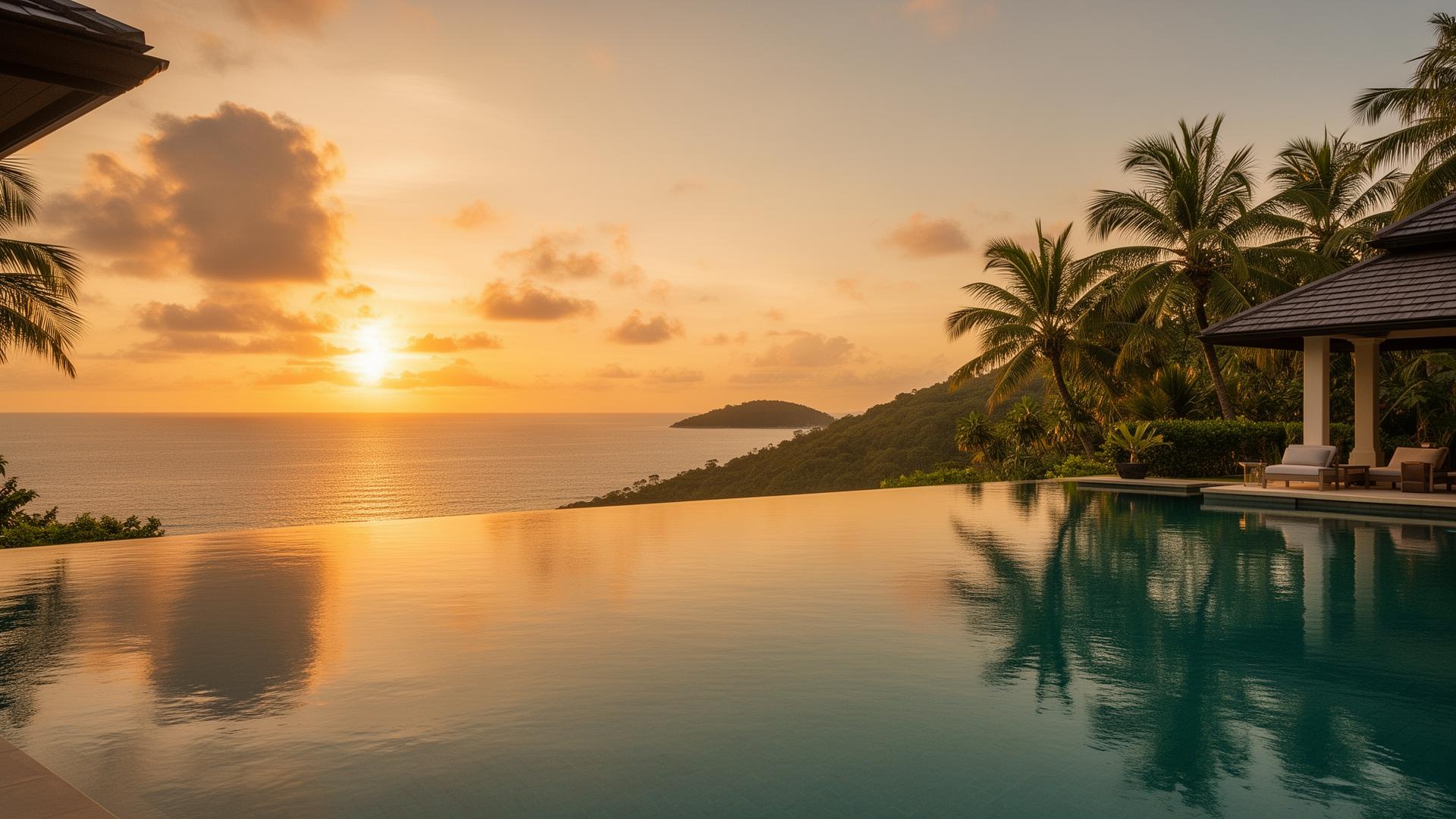 Phuket luxury villa pool at sunset