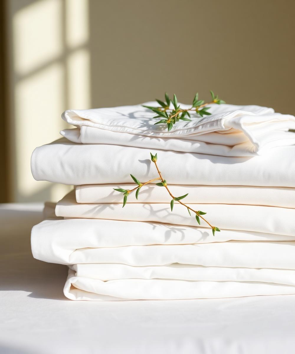 Folded luxury linens with greenery