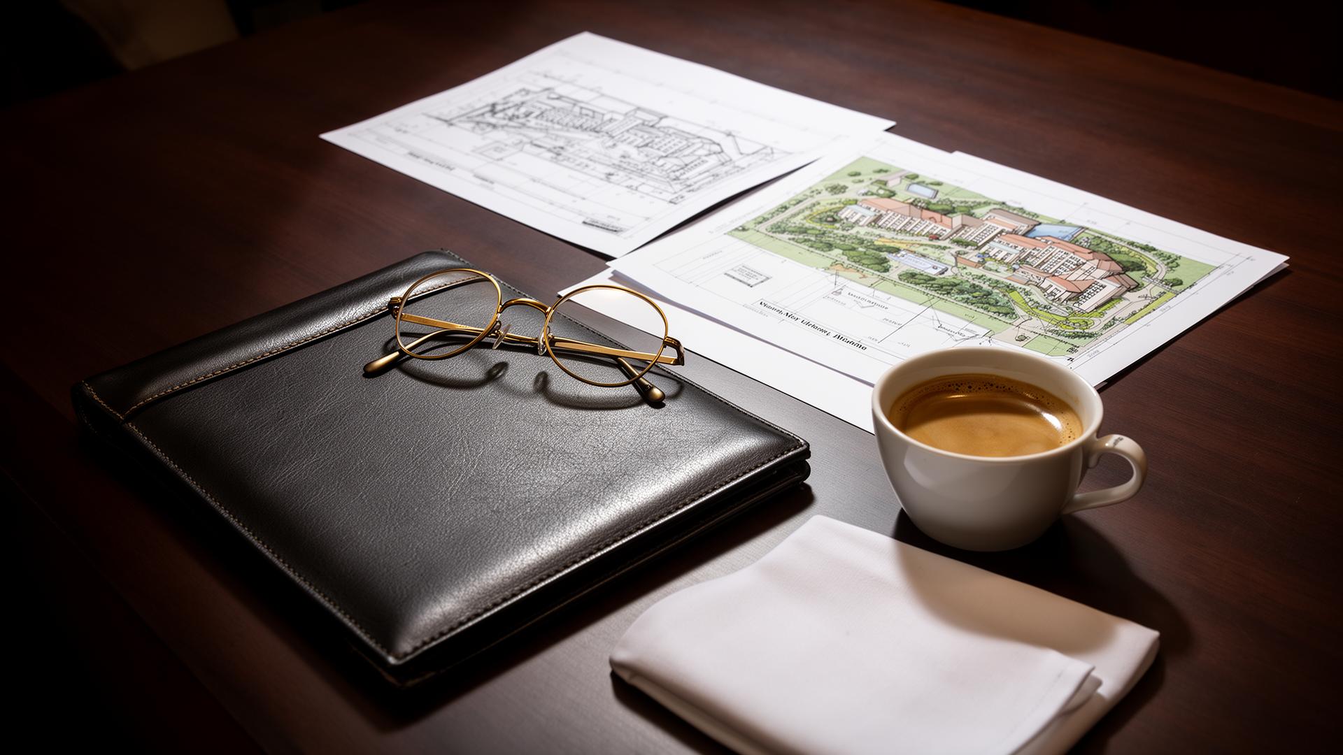 Executive hospitality operations briefing table with leather portfolio, espresso and architectural drawings of a resort property