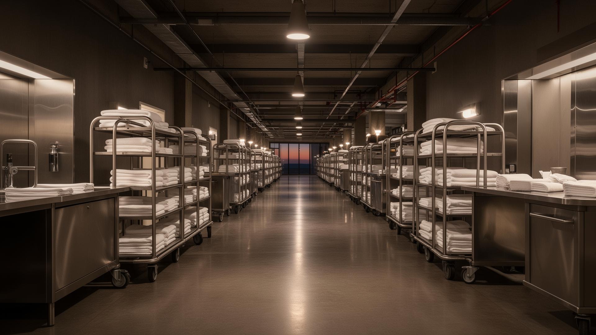 Luxury hotel back-of-house operations corridor at dawn with stainless trolleys of folded white linens under soft overhead lighting