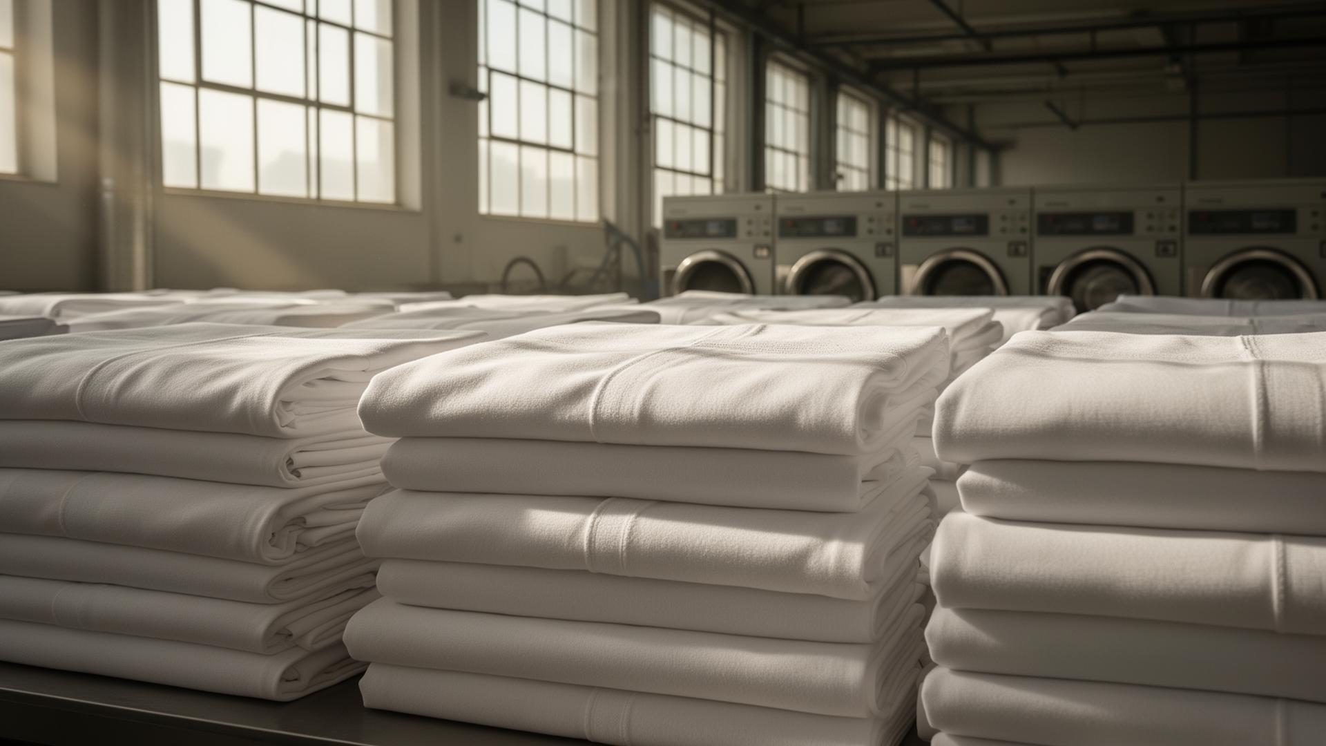 Pressed white hotel linen folded in stacks inside a professional commercial laundry facility