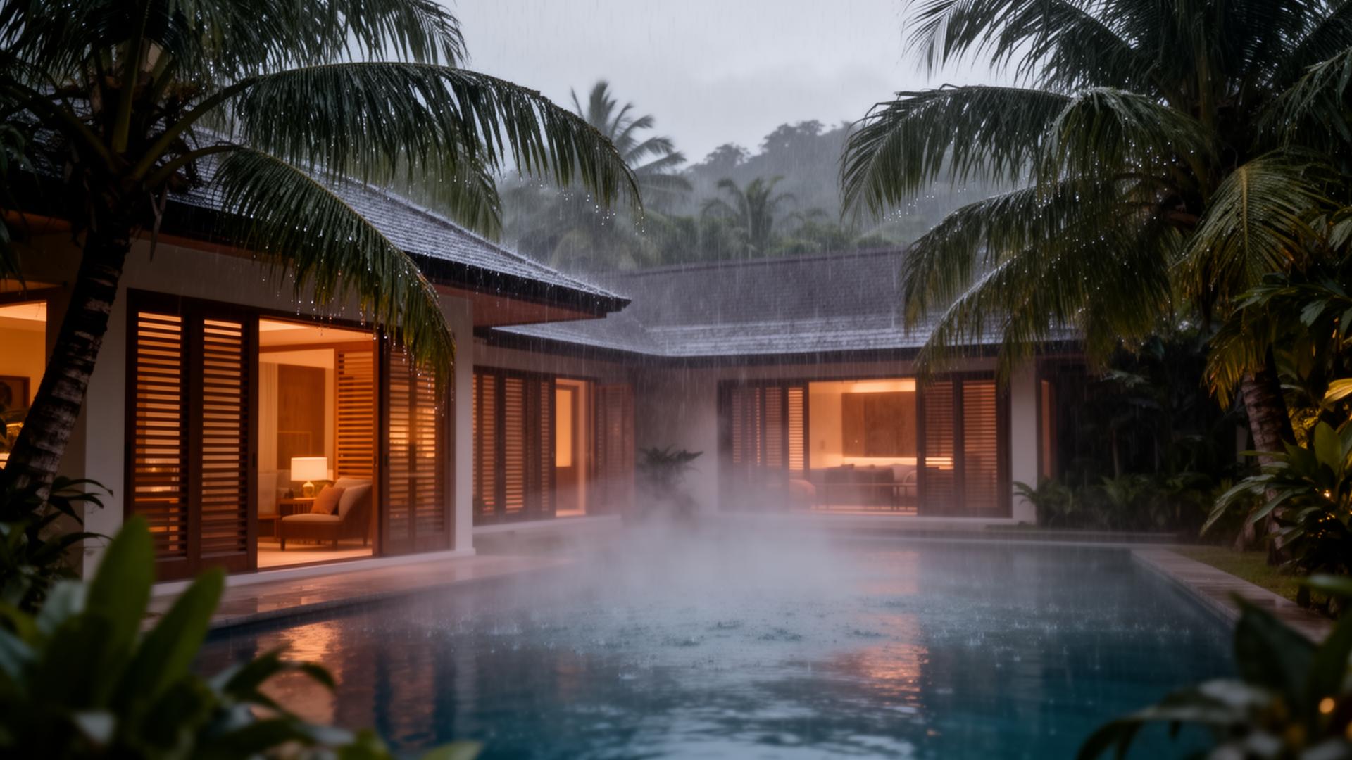 Tropical rain falling over a luxury Phuket villa at dusk with mist rising from the pool and warm interior light through louvered shutters