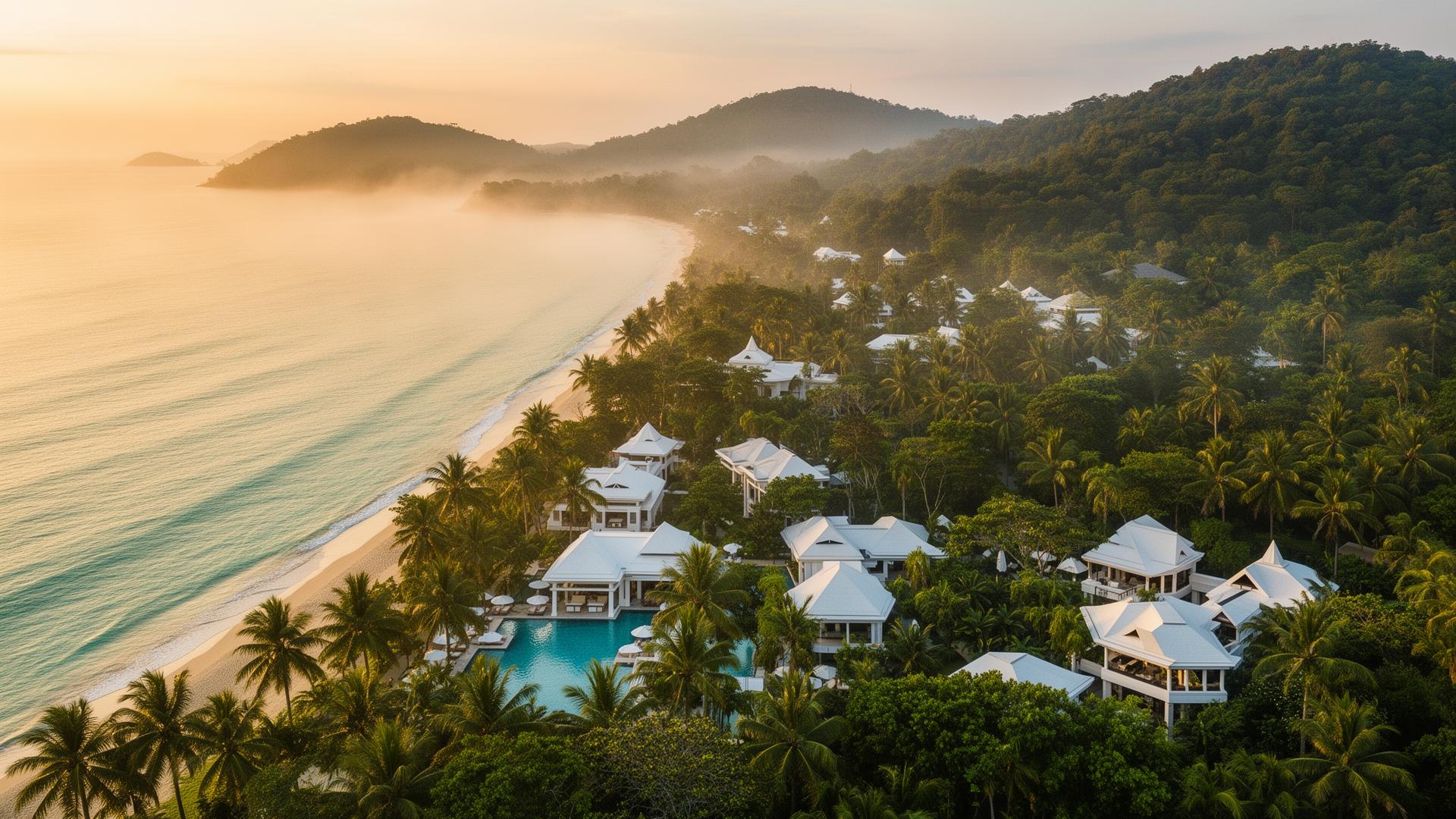 Aerial view of a luxury Phuket beachfront resort at dawn surrounded by tropical jungle