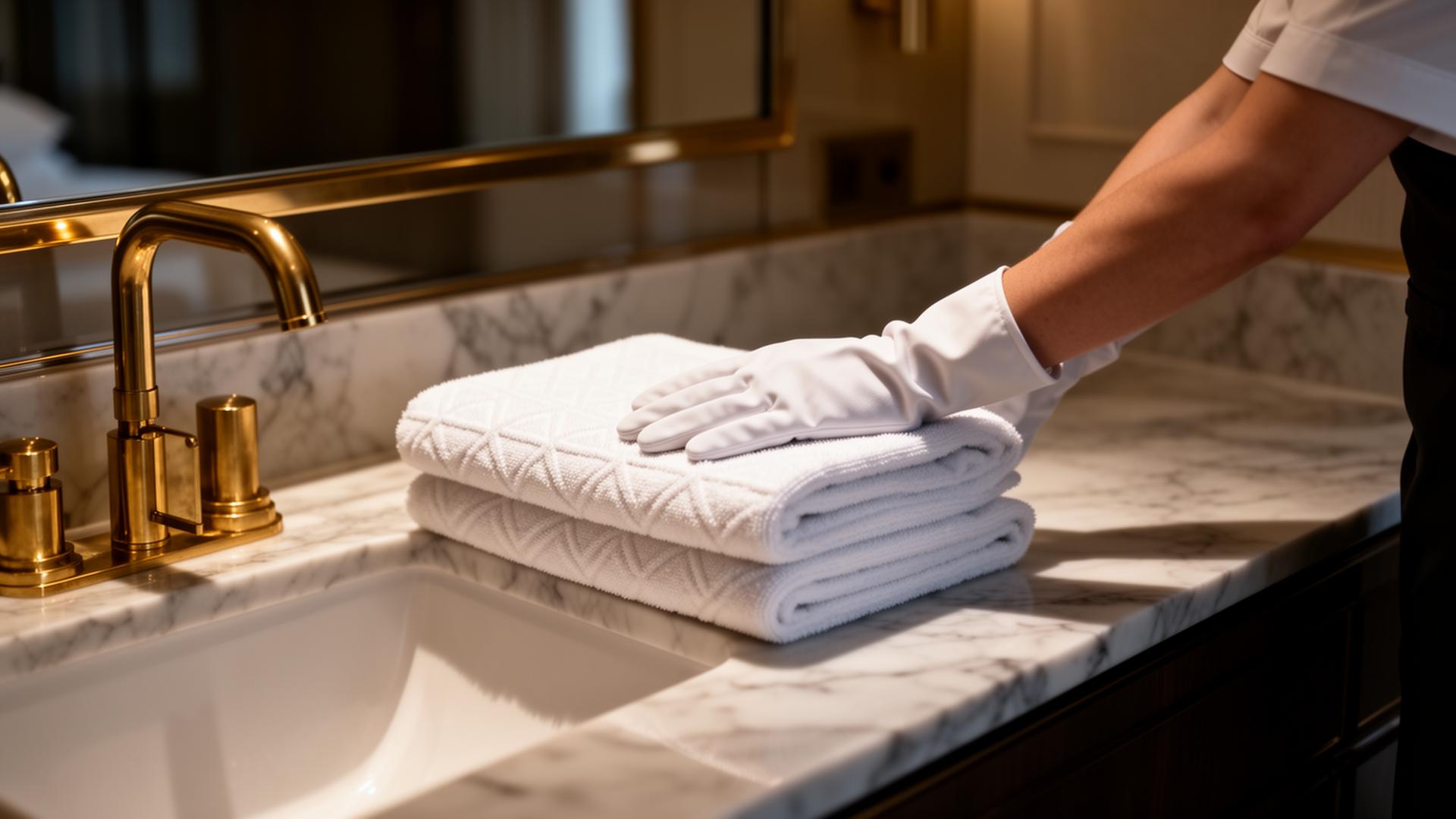 White-gloved hospitality staff member arranging folded towels on marble counter in luxury hotel suite