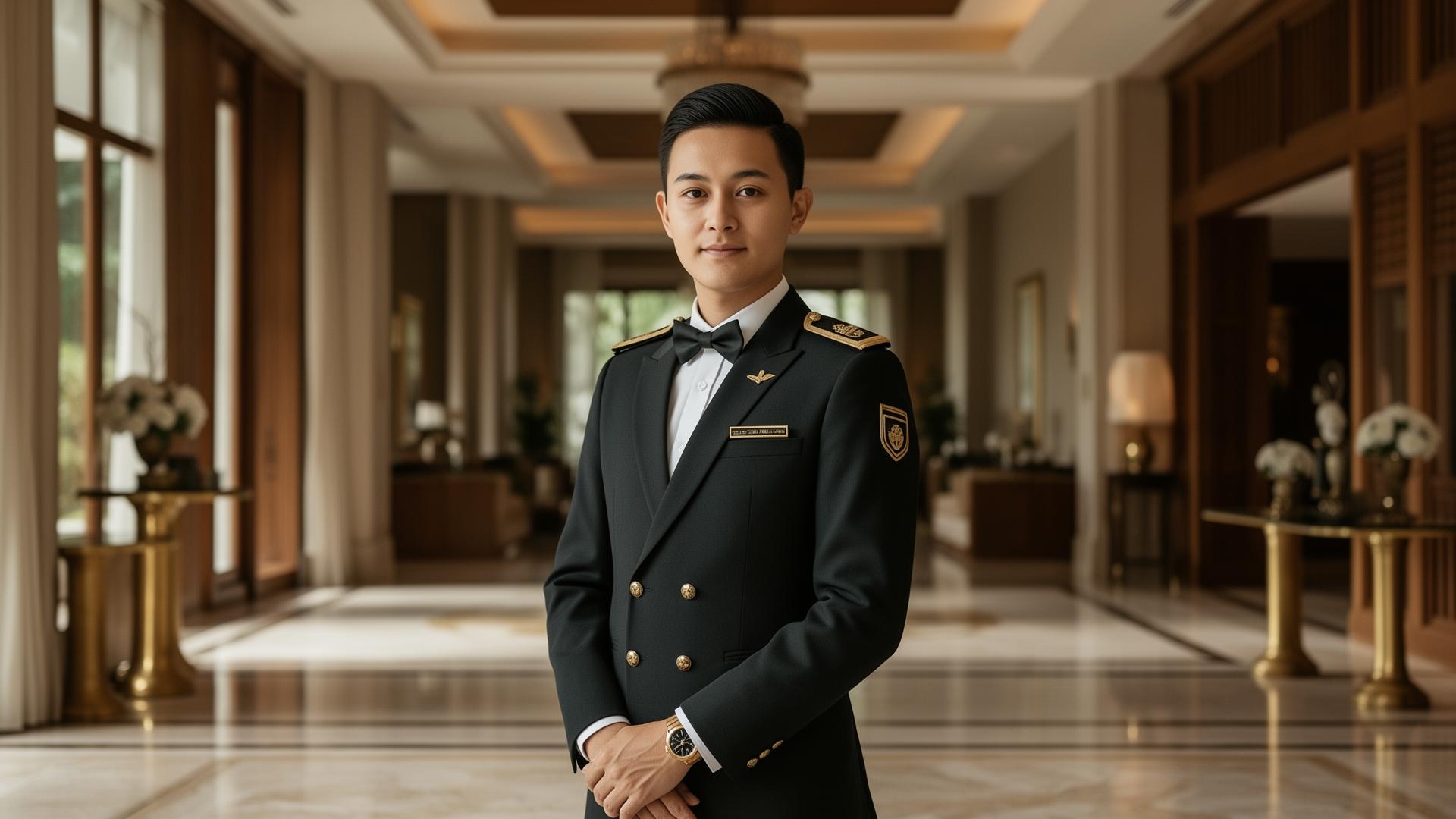 Refined hospitality concierge in immaculate uniform standing in the elegant lobby of a luxury Phuket resort
